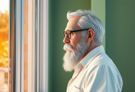 A highly detailed, semi-realistic 3D digital illustration, side, full body view of a dignified and wise writer standing next to a window, looking outside and contemplating. His short white hair is combed back from his forehead, revealing a slightly receding hairline. A neatly groomed white beard, sideburns, and mustache frame his chiseled, narrow face with a strong jawline and prominent cheekbones. Thick, arched eyebrows sit above round, black-framed glasses on his sharp, narrow nose. His pale, healthy skin shows fine lines that reflect his experiences, with a slight rosiness in his cheeks. He wears a cozy, informal white shirt, adding to the serene atmosphere of the room, bathed in the golden hour light. The reflective mood, walls painted in light green.