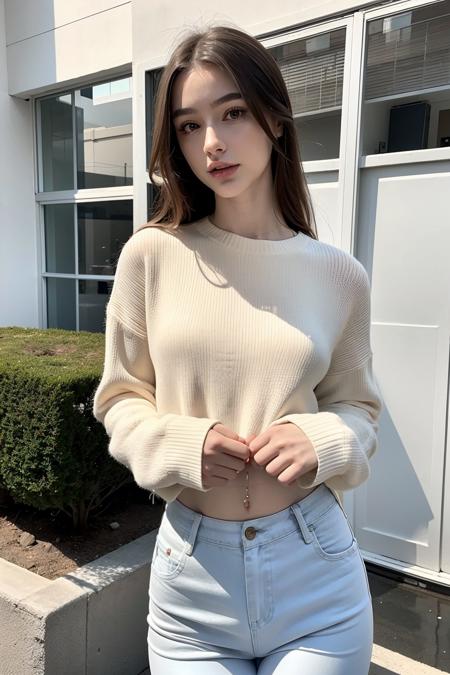 <lora:Dasha:0.8> 1girl, wearing sweater, wearing pants, long_hair, solo, breasts, looking_at_viewer, lips, realistic, upper_body, brown_eyes, cute, pale skin, realistic humid skin, extremely detailed face, extemely detailed eyes, v-shaped slim face, kpop makeup, BREAK, lanky, 173cm, 49kg, supermodel shape, 8.5 heads figure, small breasts, toned butt, thigh gap