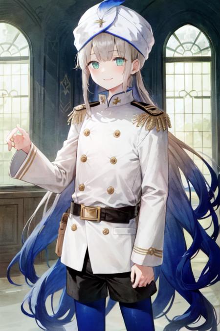 <lora:ch-captainnemo:1>, captain nemo \(fate\), blonde hair, blue hair, multicolored hair, gradient hair, bangs, blunt bangs, green eyes, very long hair, hair down, otoko no ko, 1boy,
white jacket, long sleeves, epaulettes, black shorts, blue pantyhose, turban, white hat,
1boy, solo, standing, smile, indoors