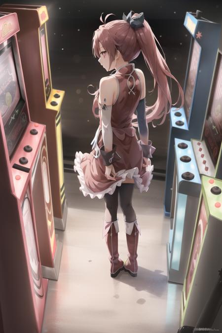 pmmmKyouko, solo, full body, from above, \(a girl using an arcade cabinet\), (detailed shiny anime style eyes), flat chest, detailed textures, neon lighting, colorful lighting, aesthetic, intricate, glowing, bokeh, sharp focus,  <lora:KyoukoSakura:1>