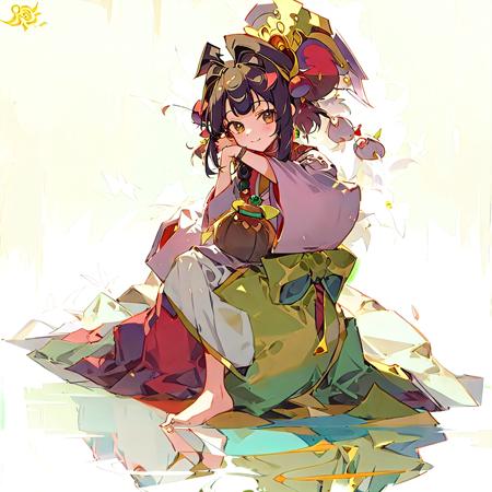 (masterpiece,best quality,ultra-detailed)), 1girl, shushou, solo, looking at viewer, smile, hair ornament, jewelry, headdress, sitting,    <lora:shuhshou_v2-000002:1>