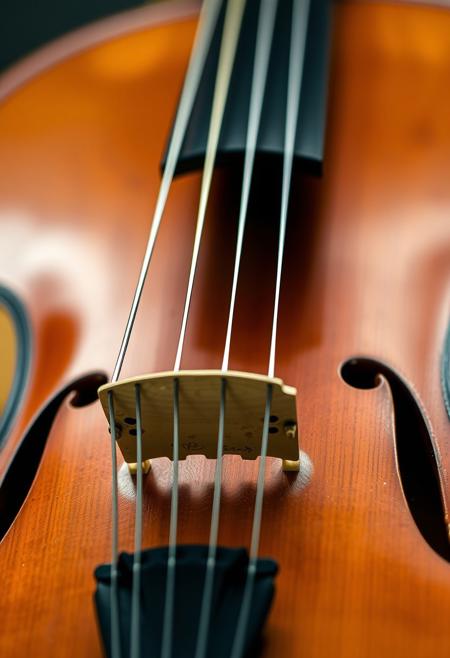 close-up of bridge and strings of a beautiful wooden violin, hand-crafted to perfection. The image is the highest quality realistic close-up shot and angle as if for a commercial.