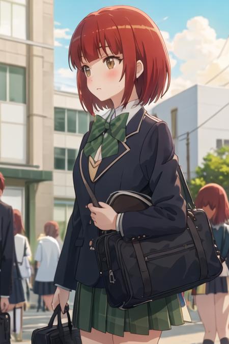 best quality, masterpiece, highres, solo, {shinoda_akane_nonnonbiyori:1.15}, short_hair, brown_hair, brown_eyes, bangs, blush, anime_coloring, red_hair, 1girl, bow, school_uniform, green_bow, jacket, outdoors, blazer, bowtie, upper_body, striped, striped_bow, bag, blurry, cloud, power_lines, sky, blunt_bangs, school_bag, shirt