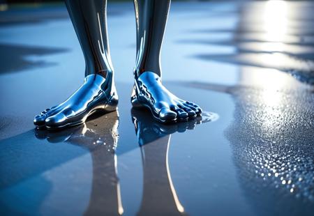 A dramatic low-angle shot of a prosthetic foot standing on wet reflective pavement, layered alloys, kinetic design, strong backlight casting long shadows, early morning, shot with a Sony A7R V, 35mm f/1.4 lens, high contrast with soft blue haze made of l1qu1dp34rl, metal, pearlescent, *pick a color, colourful