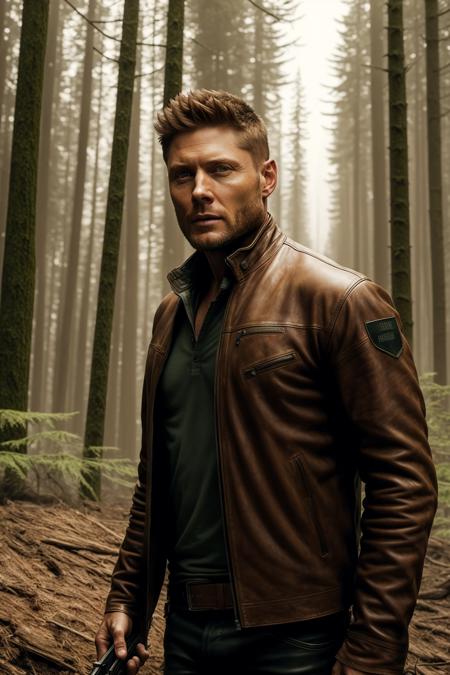 masterpiece, best quality, photo of jensen_ackles in leather jacket holding a shotgun, in forest 4k, lighting,  <lora:jensen_ackles :0.75> full body, (extremely detailed CG unity 4k wallpaper)