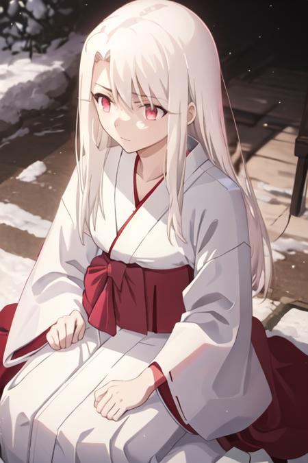 best quality, masterpiece, highres, solo, {white kimono:1.35}, {red hakama:1.35}, {wide sleeves:1.20}, {illyasviel_von_einzbern_fatestaynightufotable:1.15}, long_hair, white_hair, red_eyes, bangs, hair_between_eyes