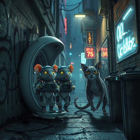 Two tiny mice, dressed in high-tech, advanced spacesuits with glowing visors and futuristic gadgets, are stepping out of a small, sleek alien spacecraft. Their faces are lit with excitement and wonder as they eagerly anticipate meeting Earth's inhabitants. However, they’ve mistakenly landed in a gritty, dimly lit urban alleyway with a few neon signs casting light . The walls are covered in graffiti, and trash bins line the narrow space. Emerging from the shadows, an alley cat with a muscular physique, sleek fur and piercing gold and green eyes is poised to pounce, toward the unsuspecting mice. The scene is illuminated by a flickering streetlight neon and neon signs, casting eerie shadows across the alley., architecture, fashion, poster, 3d render