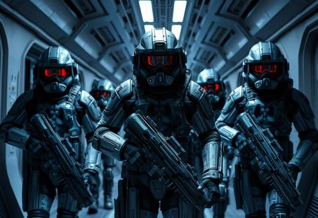 Mature and battle weary space soldiers in a futuristic corridor , full body photo. Perfect Composition, realistic photographic image, RAW photo highest quality, Luis Royo style composition, perfect directional lighting, high contrast