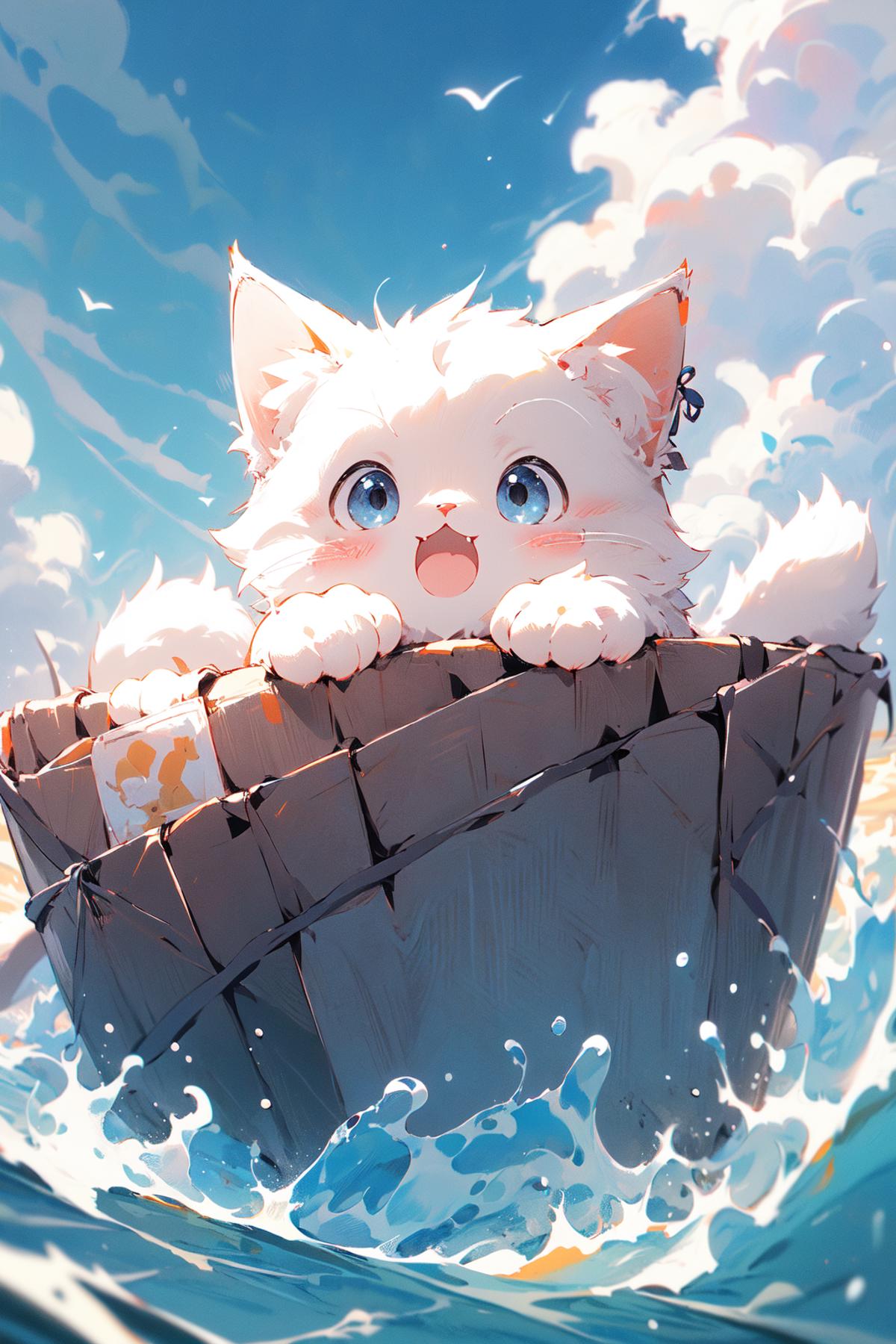An adorable cartoon kitten sitting in a basket in the water.
