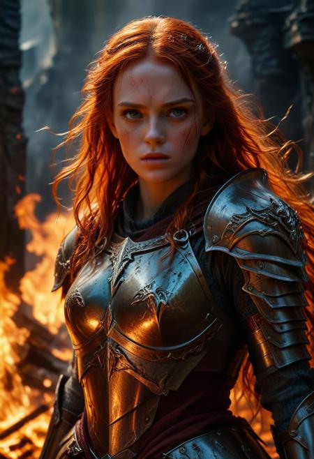 Ultra detailed digital art masterpiece Warrior girl dressed in a iron Armor and winter coat, standing in a bloody battle, looking thoughtfully into the distance, dark fantasy medieval dirty Town, perfect lighting, beautiful Sadie Sink as Warrior girl, attractive woman, elegant, attractive figure, sinewy athletic body, unreal engine 5 nanite quality, mixed with dark elements, dark environment, very cold winter night, clean dark velour witch clothing, LOTR style, dark washed out eyeliner, no make up, natural pale bloody face, realistic blue eyes, ultra detailed atmospheric details, beautiful glowing effects, sparkle effects, realistic body proportions, beautiful face proportions, complex masterpiece, wavy red hair, creative glowing detailed tattoos, complex physics, enhanced colors, complimentary colors, ultra detailed raytracing reflections, Ultra detailed complex background, environment feels alive, direct eye contact, dramatic lighting, wet and sweaty skin, beautiful firm Breasts, Concept art portrait by Greg Rutkowski
