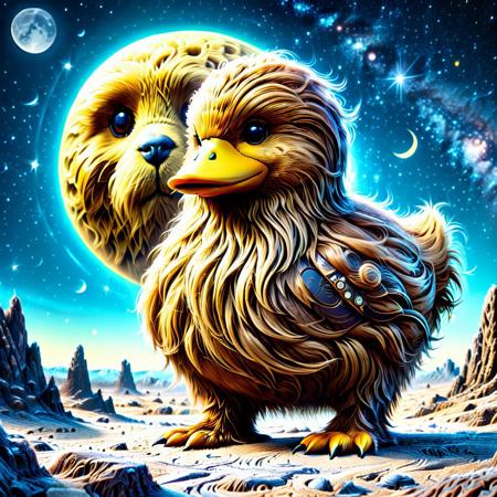 A colorblind bright yellow duck over in Wookiee Hair, standing near a bear in the moon surface, 
score_9, score_8_up, score_8_up, masterpiece,super detailed face, super high resolution, FaceDetail, masterpiece-level, highly detailed, intricate details, detailed background, complex background, cinematic, intricately detailed illustration, depth of field, masterpiece, best quality, amazing quality, very aesthetic, absurdres, newest, very awa, shadow, dynamic angle,
