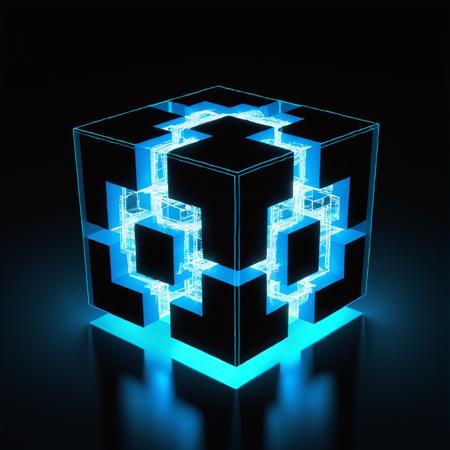 Fractal Cube, Bioluminecent lines, itricate lighting, octane rendering