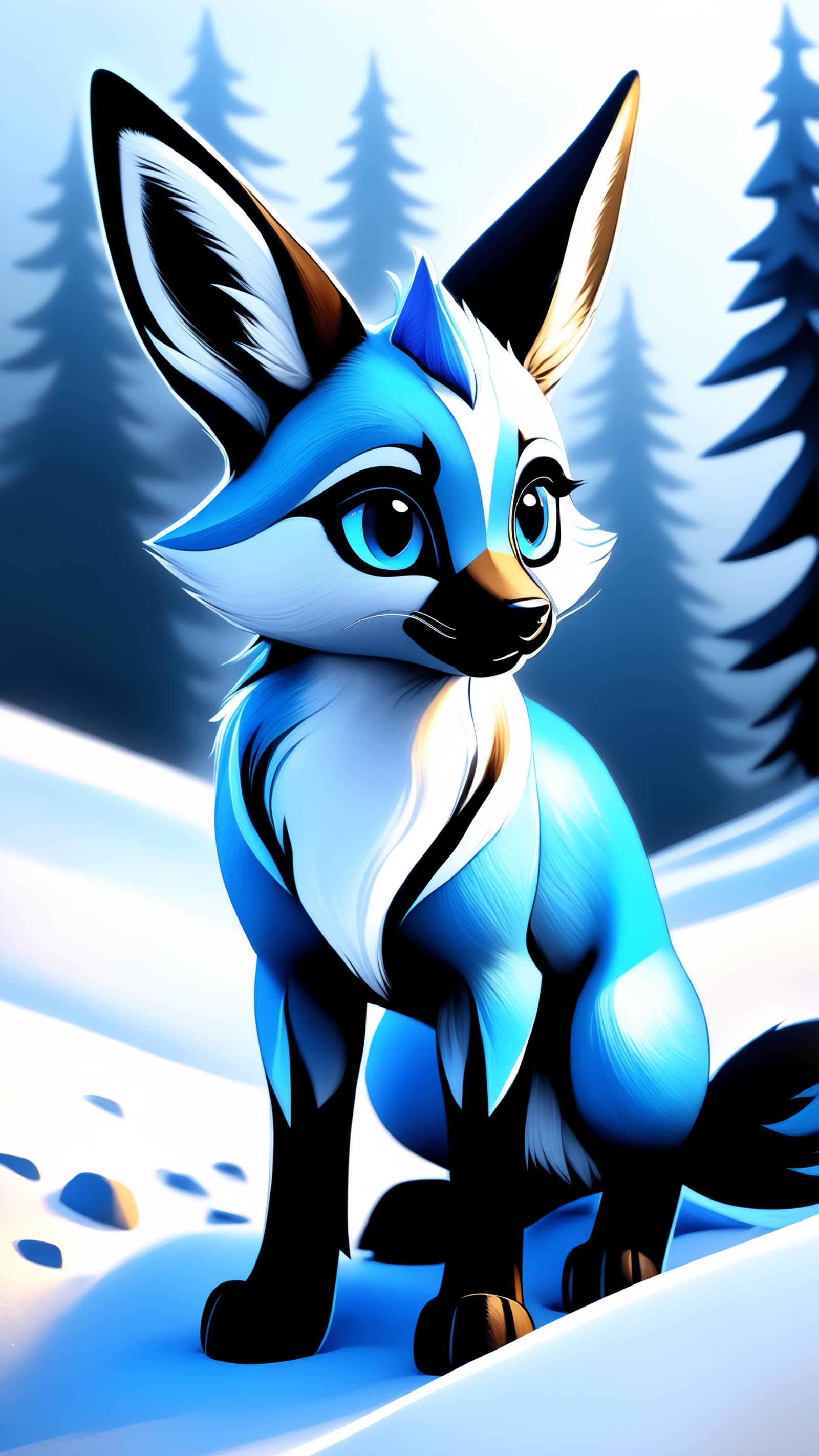 A blue and white furry animal, possibly a fox or cat, standing in the snow.