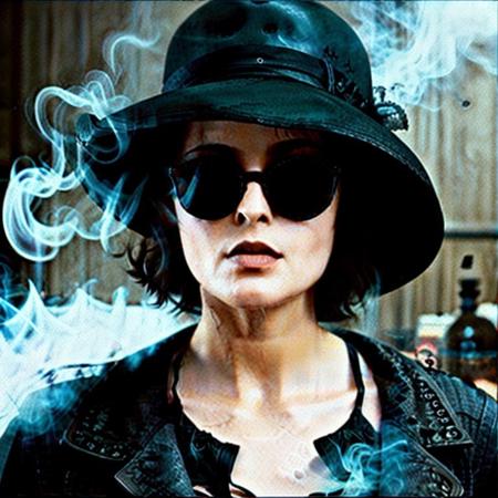 Marla768,  dark ambiance, facing the viewer, blowing smoke, big black hat, sunglasses, dark , photography, trending on artstation, sharp focus, studio photo, intricate details, highly detailed, by greg rutkowski <lora:Marla768:0.7>