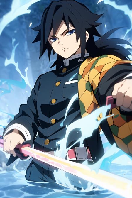 tomioka giyuu, demon slayer, 1boy, solo, upper body, water, blue aura, flowing water, katana, sword, holding katana, fighting stance, looking at viewer, long hair, blue eyes, black hair, standing, jacket, male focus, japanese clothes, black jacket, demon slayer uniform, <lora:Giyu_Tomioka:0.8>