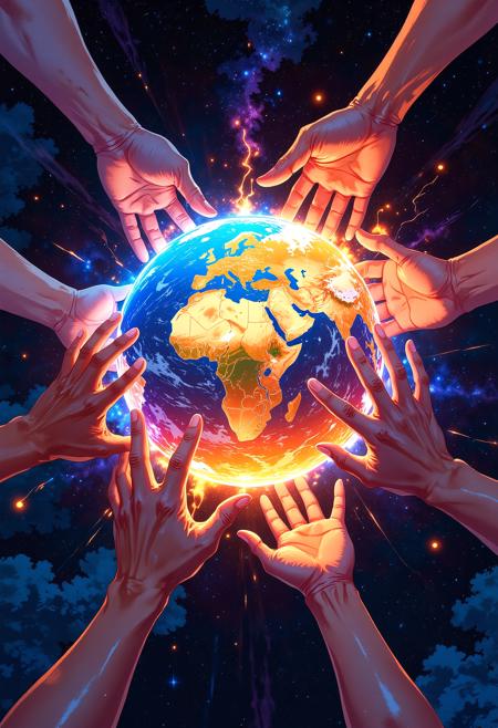 A Diverse group of hands with five fingers, around a large floating glowing earth, colorful, vibrant glow