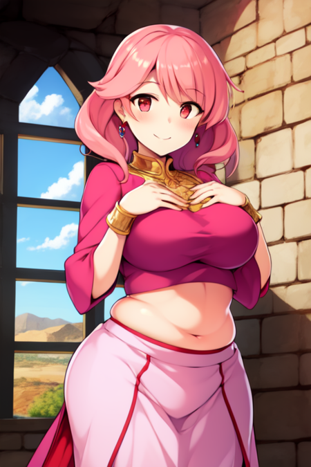 masterpiece, best quality, 1girl, alphes, pink hair, gold trim, (plump), harem outfit, pink hair, blush, smile, midriff, navel, (jewelry), indoors, castle, desert, window, medieval, standing, hand on own chest    <lora:alphes:1>