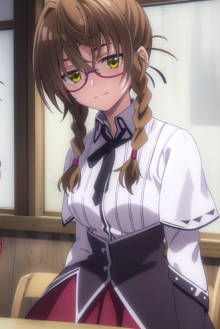 aikakiryuu, <lora:aika kiryuu anime s2-lora-nochekaiser:1>,
aika kiryuu, long hair, brown hair, (green eyes:1.5), braid, glasses, twin braids, smile,
BREAK shirt, ribbon, school uniform, white shirt, black ribbon, neck ribbon, capelet, black capelet, long sleeves, skirt, red skirt,
BREAK indoors, classroom,
BREAK looking at viewer, (cowboy shot:1.5),
BREAK <lyco:GoodHands-beta2:1>, (masterpiece:1.2), best quality, high resolution, unity 8k wallpaper, (illustration:0.8), (beautiful detailed eyes:1.6), extremely detailed face, perfect lighting, extremely detailed CG, (perfect hands, perfect anatomy),