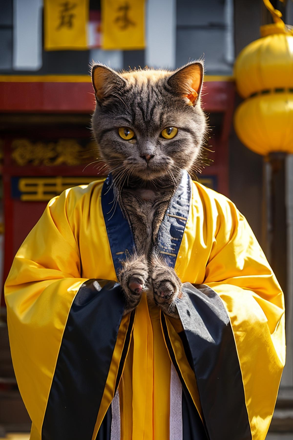A cat dressed in a yellow robe with a paw under its chin.