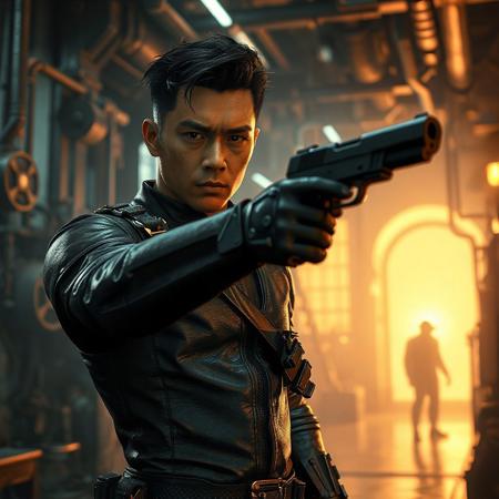 "A cinematic scene featuring Shien's Footsoldier (from X-Men) in a dimly lit industrial room filled with steampunk machinery. Dressed in sleek black leather combat gear, he grips a futuristic pistol, poised for action with a stern expression. Soft volumetric lighting highlights his face and outfit, emphasizing hyper-detailed textures: weathered leather, metallic gadgets, and glowing holographic HUD elements. In the blurred Gothic-style Ghostrick Mansion background, a faint Rescue Hedgehog silhouette lurks, rendered in muted greens and grays. Stylized with Unreal Engine 5 realism, dramatic chiaroscuro shadows, and Octane Render gloss. Composition blends gritty cyberpunk aesthetics with Alphonse Mucha’s Art Nouveau flourishes—flowing lines, gold accents, and intricate machinery patterns. Trending on ArtStation, 8K HDR, golden ratio framing, dynamic Dutch angle. Matte painting depth, cinematic depth-of-field, and retro sci-fi grit reminiscent of Blade Runner. Hyper-realistic pores, fabric wrinkles, and weapon detailing. Color palette: noir blacks, neon crimson highlights, and oxidized copper tones."