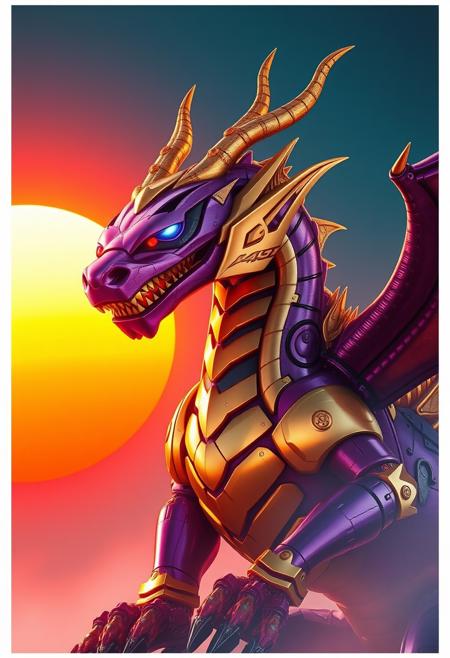 Robot Dragon, purple and gold, cinematic photograph with an orange and blue synthwave sun background.