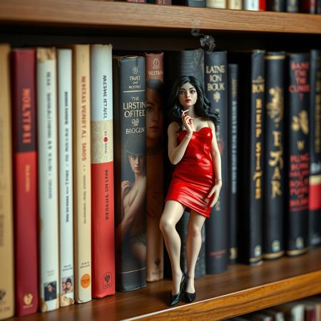 A bookshelf of erotic picture books with a missing book. A miniature dominatrix in a tight red dress is leaning seductively against on of the books at the edge of the gap and smoking a cigarette