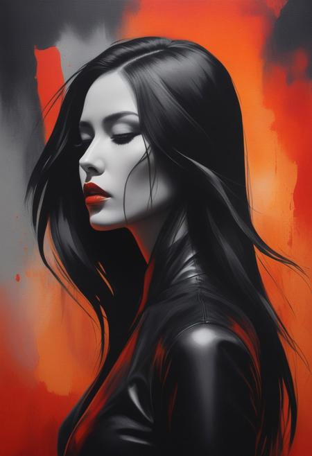 A captivating minimalist masterpiece, depicting a powerful woman in sleek black leather. She has long, flowing hair and striking facial features, rendered in deep chalk-like colors against her silhouette. The vibrant red, orange, and silver hues of the background create a dark fantasy atmosphere. The watercolor double exposure technique adds to the mysterious and intriguing ambiance. Inspired by painting, fashion, graffiti, and cinema, this artwork seamlessly blends these elements to create a mesmerizing dance of forms. The diverse geometric shapes interact with the abstract background, evoking a sense of cinematic wonder., cinematic, graffiti, fashion, dark fantasy, painting