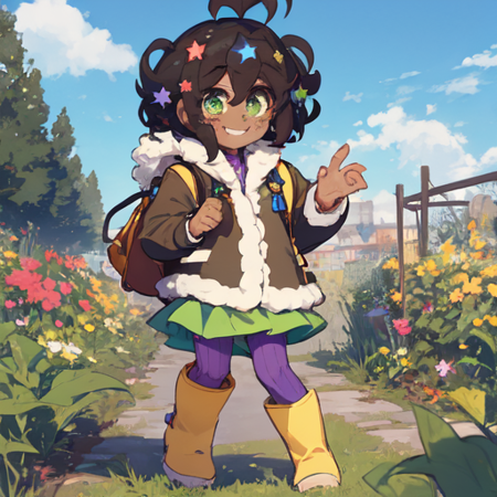 Molly Blyndeff 1girl, dark skin, green eyes, freckles, multicolored star hair ornaments, brown hair, brown jacket, fur trim, purple pants, green skirt, yellow rainboots, full body, smile, button nose