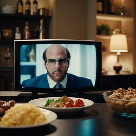 cinematic film still of  <lora:Les Grossman:1.2>
Les Grossman a man is appearing on a TV screen in front of a table with food on it , shallow depth of field, vignette, highly detailed, high budget, bokeh, cinemascope, moody, epic, gorgeous, film grain, grainy