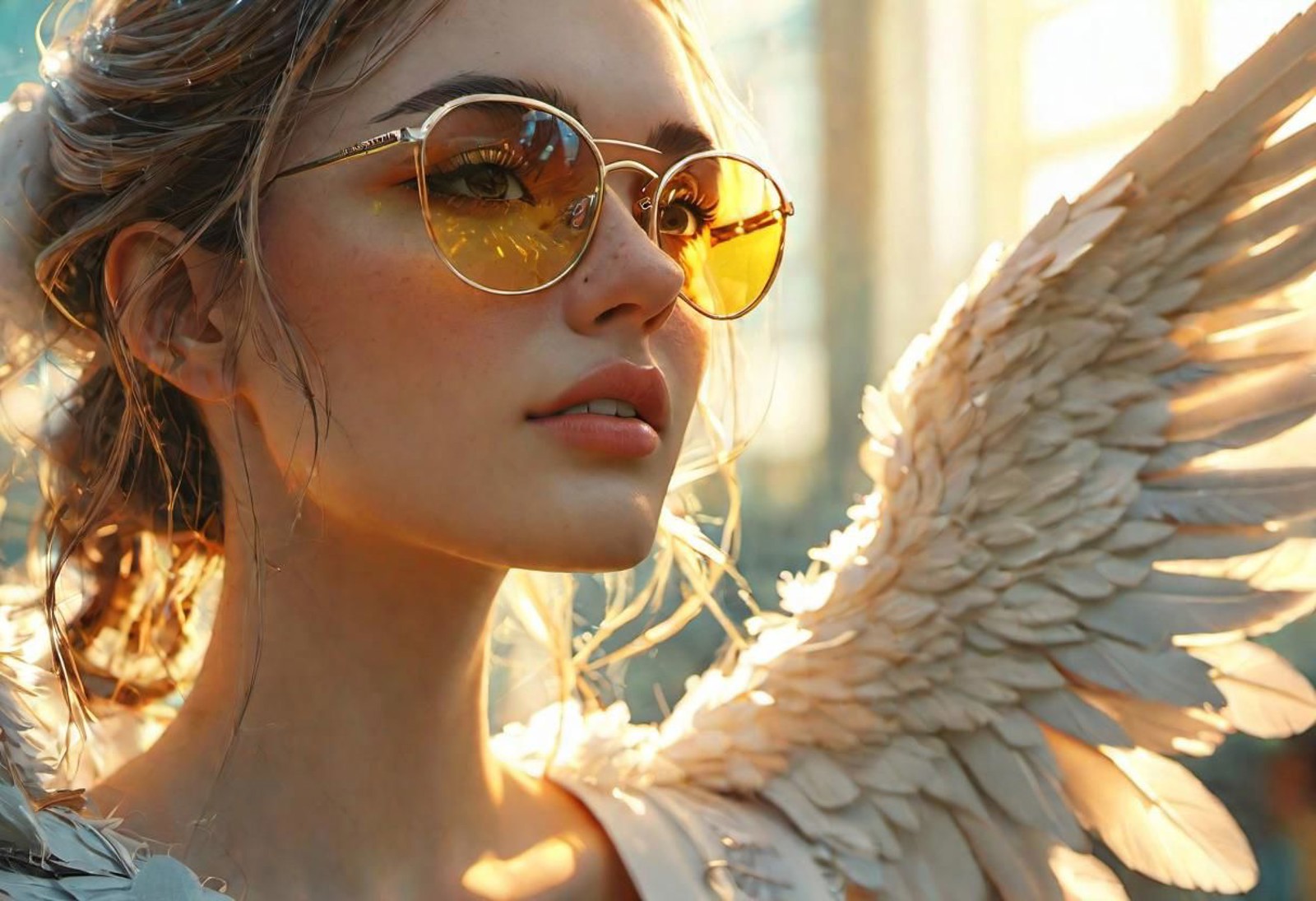closeup, angel girl in glasses, angels wings, focus, intricate, elegant, highly detailed, fine detail, colorful, cinematic...
