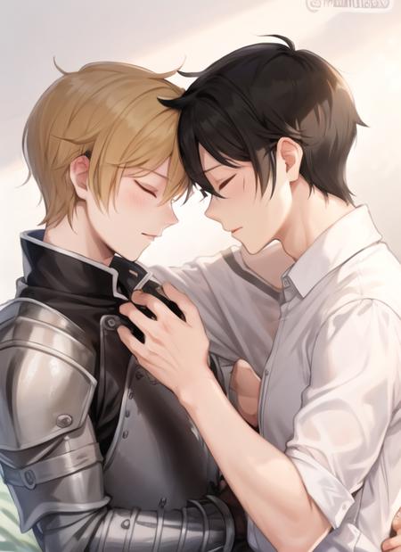 <lora:ForeheadtoForehead:0.7> ForeheadtoForehead, short hair, blonde hair, brown hair, shirt, black hair, closed eyes, white shirt, upper body, male focus, multiple boys, 2boys, twitter username, armor, looking at another, shoulder armor, yaoi