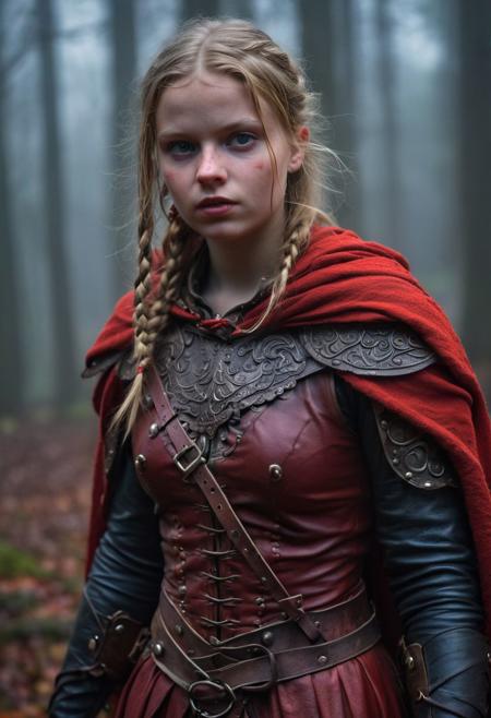 Close Up shot of  the Red Riding Good as a little warrior, she IS a very young girl, blond braids hairstyle, beautiful, red hood cape, dirt white dress, leather armour, wind, at night, fog, mist, forest at the background, National Geographic photography awarded masterpiece