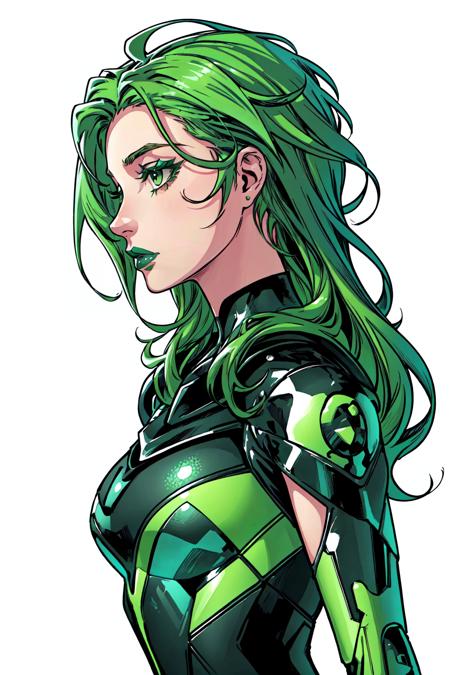 Lorna Dane,  Polaris,  1girl,  solo,  green eyes,  green hair,  llong hair,  simple background,  white background,  upper body,  profile,  makeup,  lipstick,  eyeshadow, specular highlights,  extremely detailed,  best art,  official art,  masterpeice, <lora:EMS-51654-EMS:0.800000>