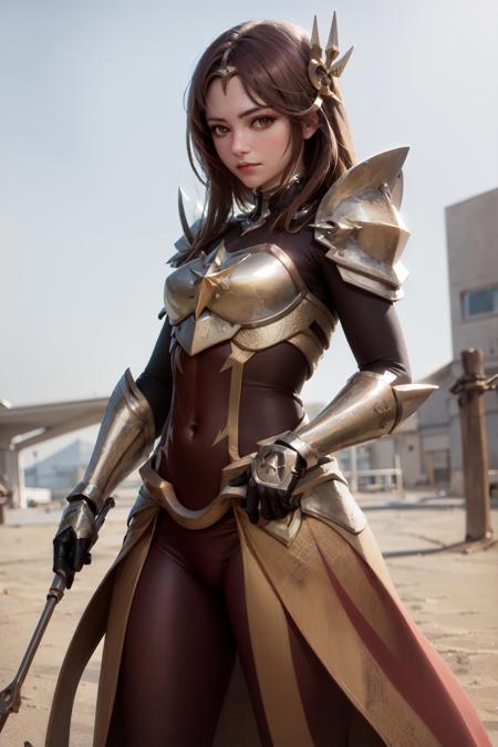 (masterpiece, best quality:1.2), <lora:lol_leona-10:1>, cowboy shot, solo, 1girl, leona \(lol\), slight smile, closed mouth, hair ornament, brown eyes, armor