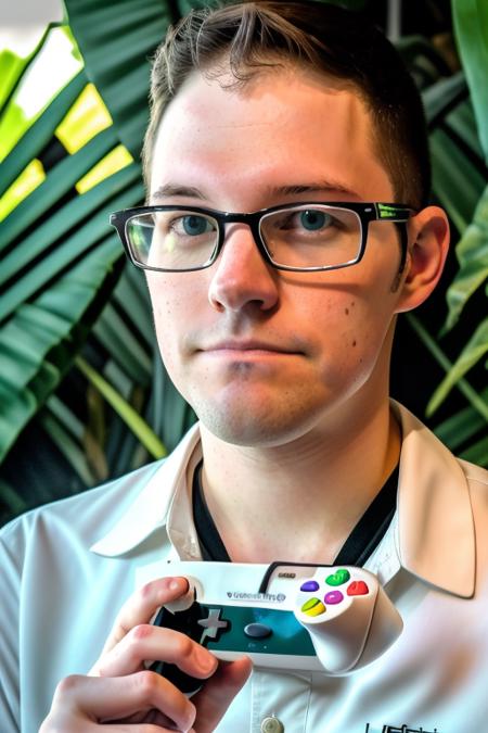 raw photo of a young adult man, extreme close up, perfect face, glasses, white button up shirt, holding a nintendo console, nintendo controller, in a jungle paradise, 8k uhd, fujifilm xt3