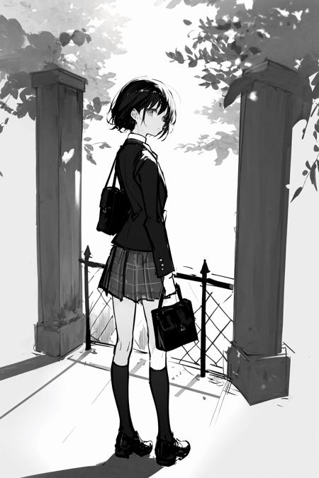 greyscale, monochrome, sketch, solo, white background, 1girl, standing , simple background  ,sunlight, solo, outdoors, skirt, tree, fence, black hair, scenery, short hair, dappled sunlight, socks, light rays, jacket, pleated skirt, standing, school uniform, bag, sunbeam, day, shoes, grey skirt, plaid skirt, plaid, wide shot, long sleeves, blazer, chain-link fence, shirt, kneehighs, railing, from behind, brown footwear 
<lora:Lack-000215:1>, <lora:ç»ä¸½çåå½±:0.2>,<lora:add_detail:0.35>, <lora:adaptedmodel:0.35>