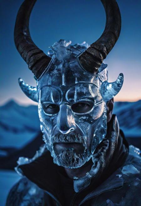 high quality, photo of 40 y.o Scandinavian man, upper body, mask of translucent ice covering half of his face, horns made of ice, detailed face, cinematic shot, dramatic lighting, on a mountain, night sky