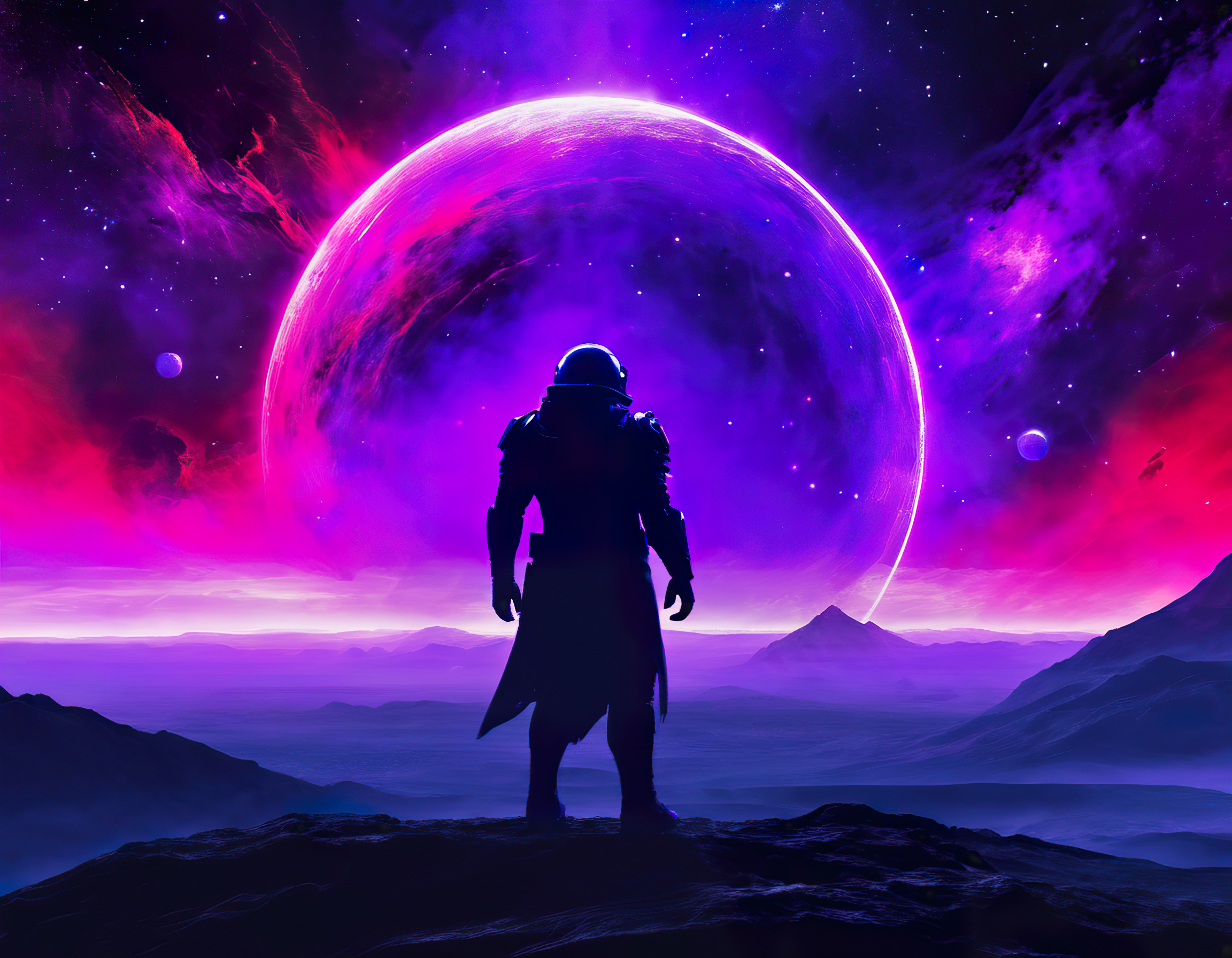 A Dark Figure Stands Against a Purple-Pink Backdrop with a Moon in the Sky