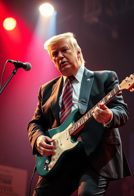 extremely photorealistic ultra-detailed, An intense, photorealistic photography  the president Trump while play an electric guitar on the stage, he is a very special performer.