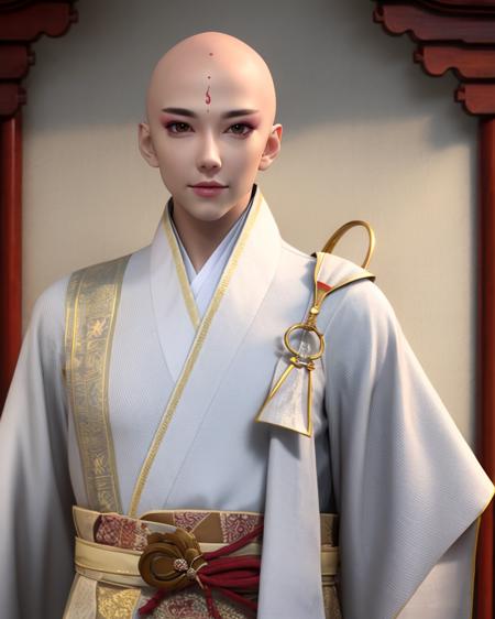 1boy, bald,brown eyes, chinese clothes, looking at viewer, white kimono,upper body,