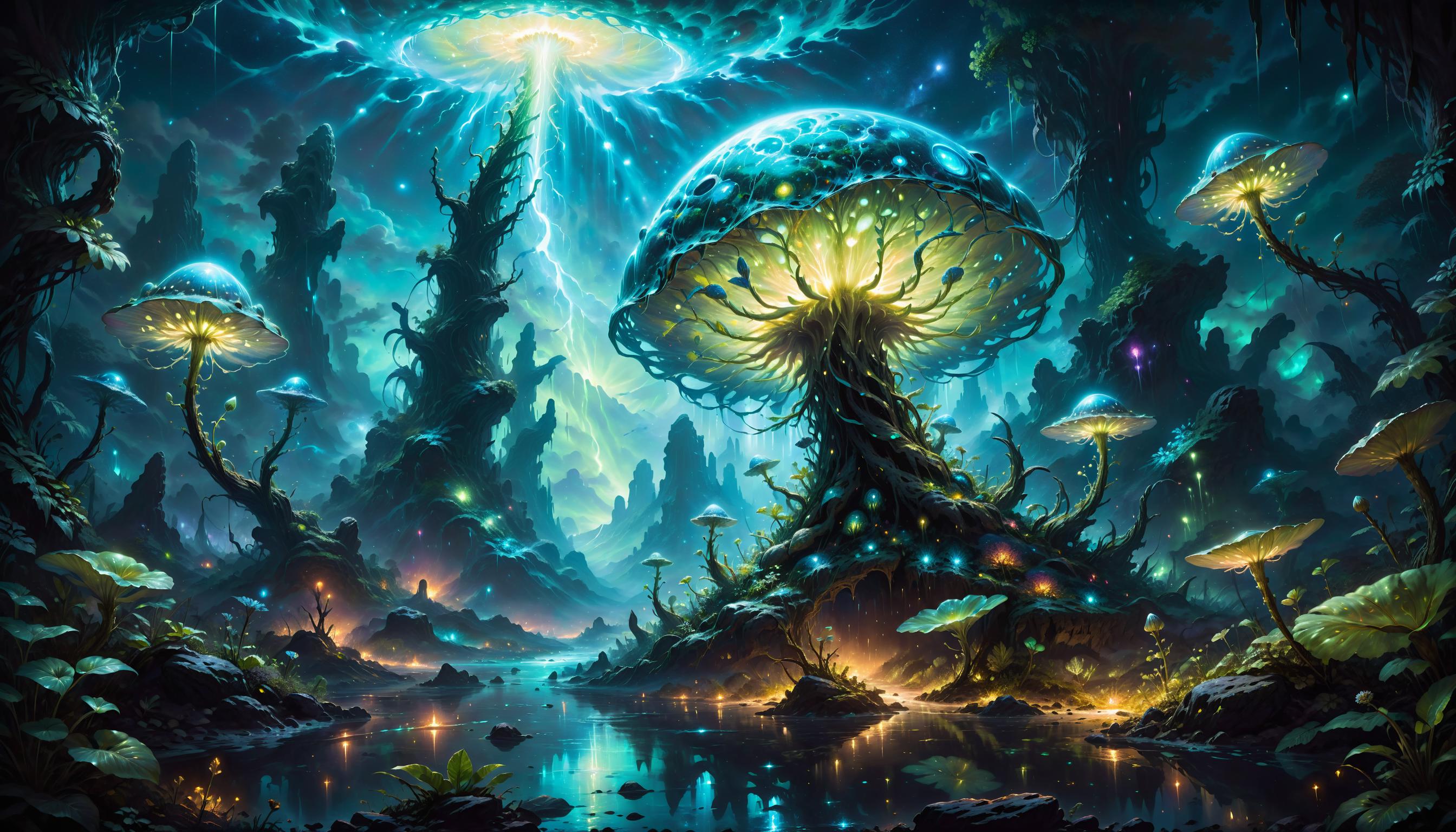 A fantasy art scene of a mushroom forest with a glowing mushroom tree and a waterfall.