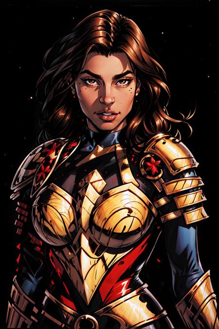 Yara_Flor,  1girl,  solo,  long hair,  looking at viewer,  black hair,  brown eyes,  upper body,  parted lips,  dark skin,  armor,  mole,  lips,  mole under eye,  black background,  shoulder armor,  mole under mouth,  pauldrons,  breastplate,  specular highlights,  extremely detailed,  best art,  official art,  masterpeice, <lora:EMS-51651-EMS:0.800000>