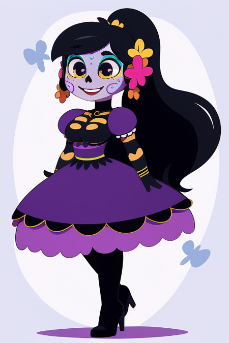 Catalina La Catrina black hair ponytail hair flower hair ornament colored skin colored sclera makeup calavera purple dress