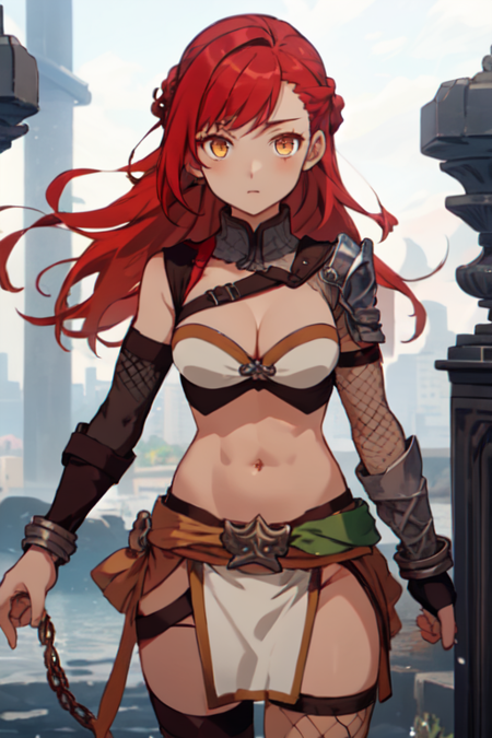 Vennessa, 1girl, solo, long hair, red hair, fishnet thighhighs, navel, midriff, cleavage, medium breasts, orange eyes, braid, belt, elbow gloves, chain, shoulder armor, , single thighhigh, asymmetrical legwear, cuffs, shackles, pelvic curtain, loincloth, single pauldron, 