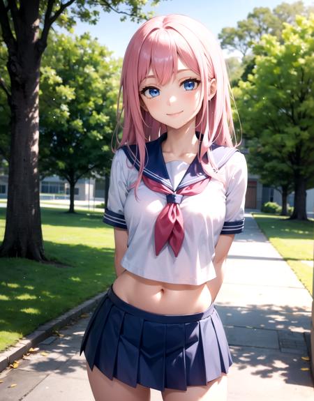 schoolgirl, pink hair, small breasts, (wide hips:1.2), standing, smile, school uniform, blue miniskirt, hands at sides, looking at viewer, outside, near tree, arms behind back, (road:0.6), pov, looking at viewer, facing viewer, perfect eyes, blue eyes