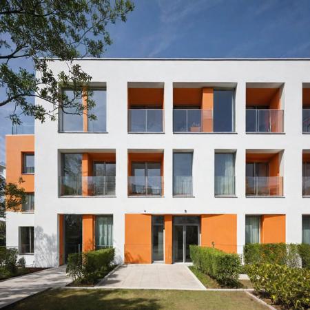 residence, a raw photo of Contemporary mid-rise residential building with a simple rectangular shape, featuring alternating orange and white facades with geometric cutouts on balconies. Glass railings add a sleek touch, while mature trees, including a tall palm, add greenery at the base. Clear daytime sky.<lora:epi_noiseoffset2:5> <lora:ModernArch_Residence_XL_V1:0.68> <lora:xl_more_art-full_v1:0.20>