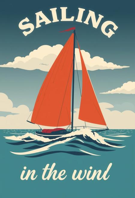 graphical art, sailboat, poster design, text "Sailing in the wind", vintage retro style, scandinavian