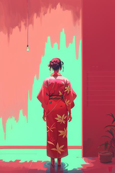 a woman in a red kimono,