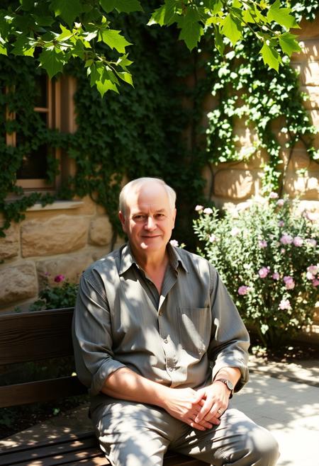 A middle-aged man sits on a wooden bench in a quiet garden courtyard surrounded by ivy-covered stone walls and flowering shrubs. Sunlight filters through the leaves, casting dappled patterns across his face and shirt. The moment is captured in the warm, faithful tones of Kodak ProImage 100—offering clear skin tone reproduction, fine details in shadows, and natural color separation. The background holds rich greens and terracotta textures, while the man's relaxed expression and soft posture lend a candid realism to the scene. The composition benefits from the film’s low ISO look: smooth, clean highlights and restrained contrast, invoking the classic charm of 1990s portrait photography.