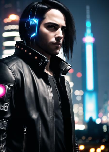 strong man, leather jacket, close-up, night city, cybernetics, sci-fi, (implants, cyberpunk style:1.3), armor